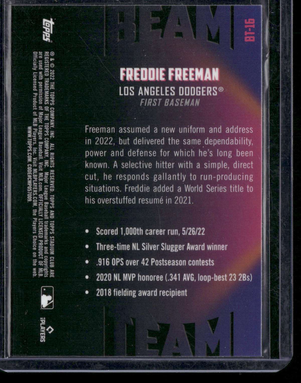 2022 Topps Stadium Club Chrome FREDDIE FREEMAN #BT-16 Beam Team