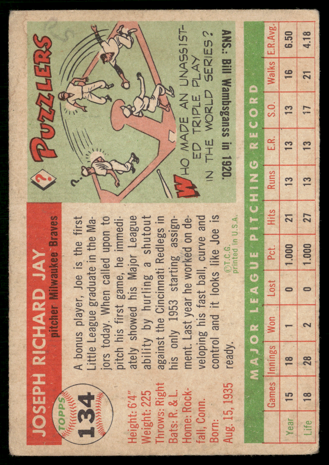 1955 Topps JOE JAY #134 Pencil On Back Light Stain (VG)