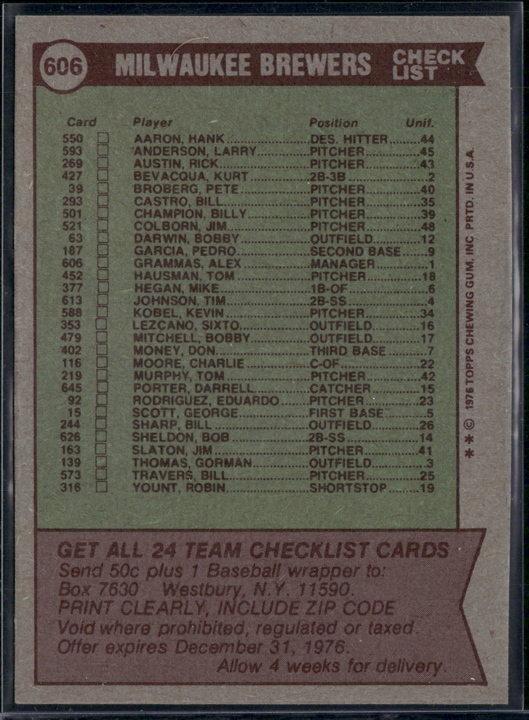 1976 Topps MILWAUKEE BREWERS #606 (EX)