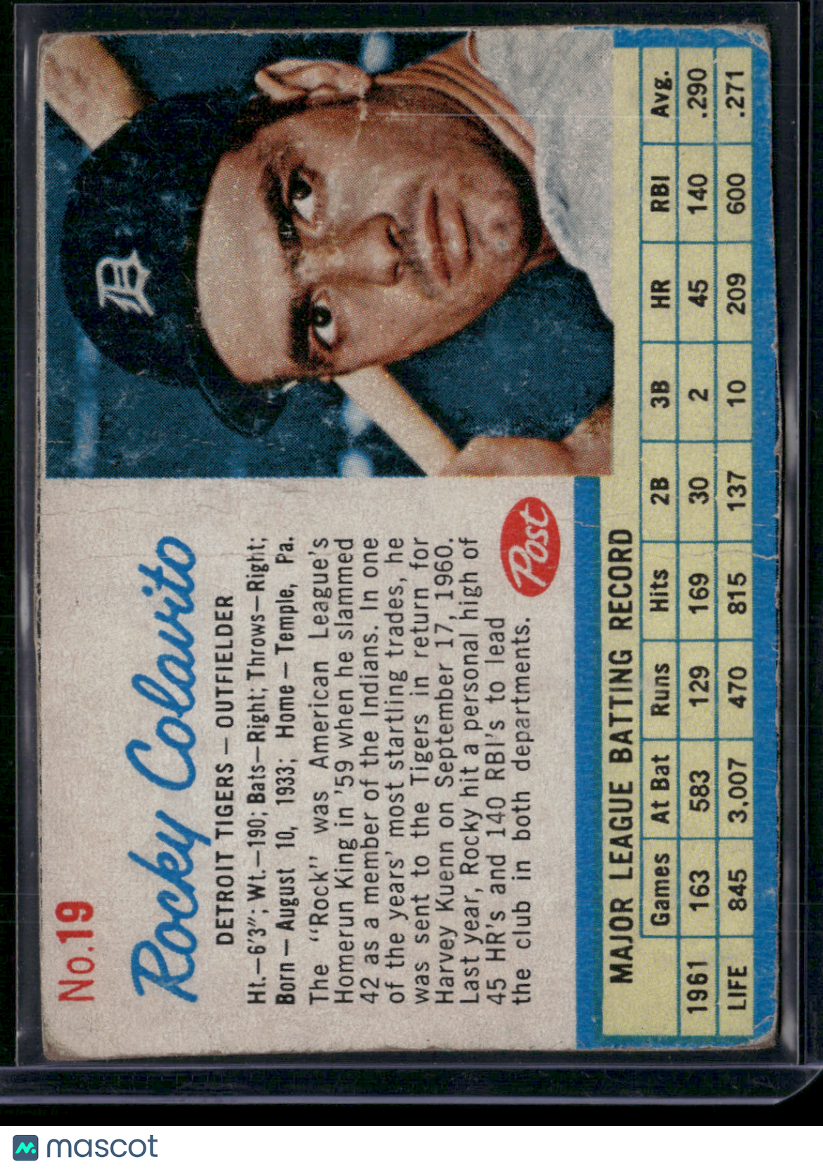 1962 Cereal Box ROCKY COLAVITO #19 Hand Cut Wrinkles (Good-VG)