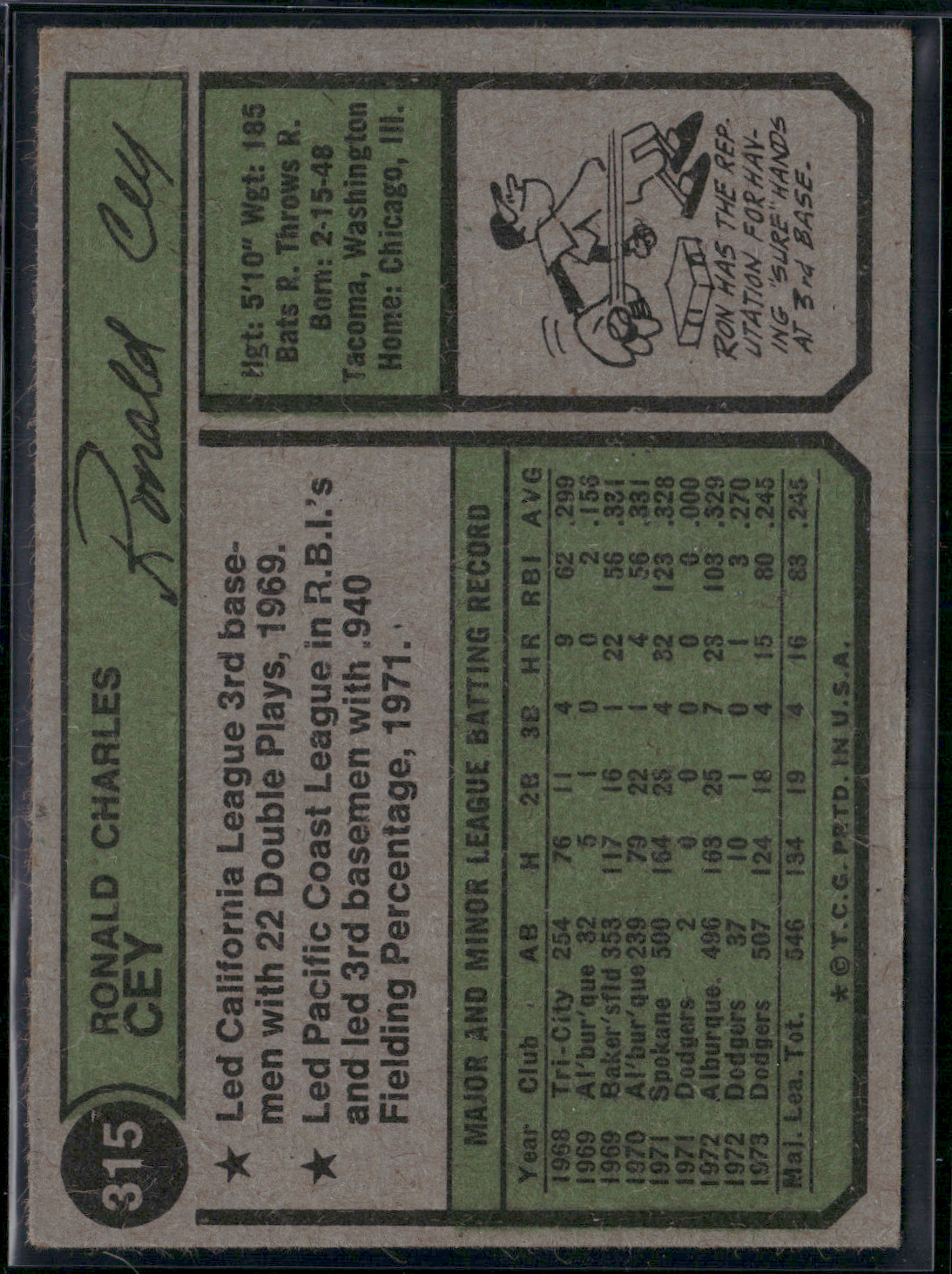 1974 Topps RON CEY #315 Corner Crease (VG)