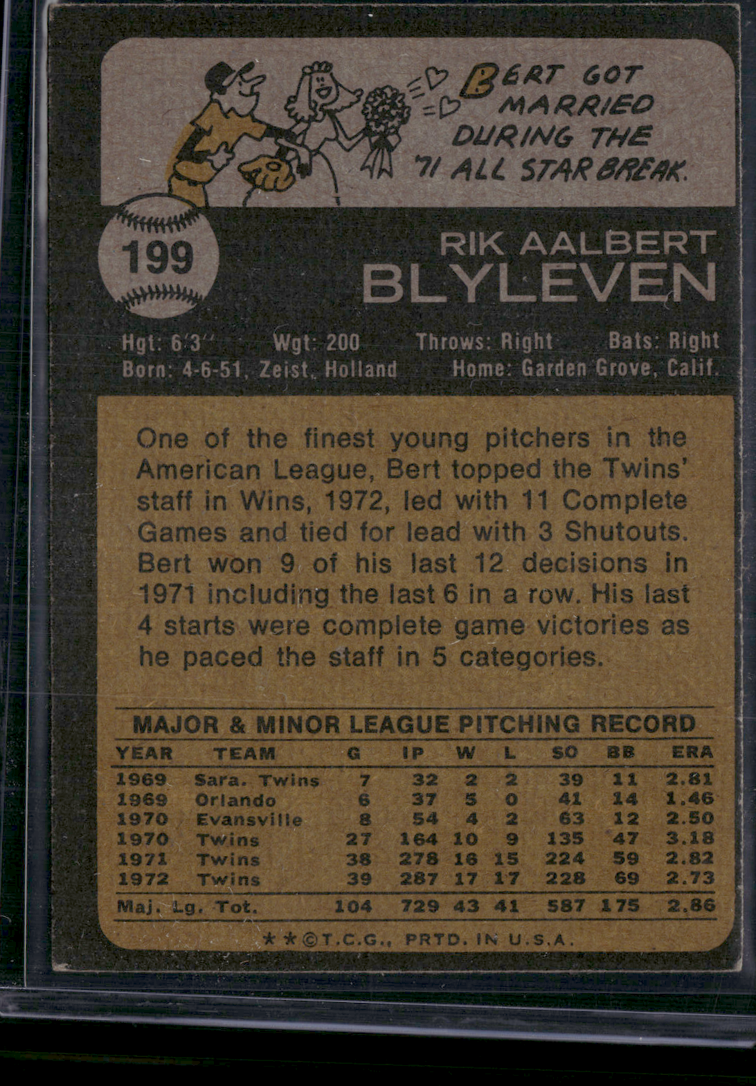 1973 Topps BERT BLYLEVEN #199 (VG/EX)
