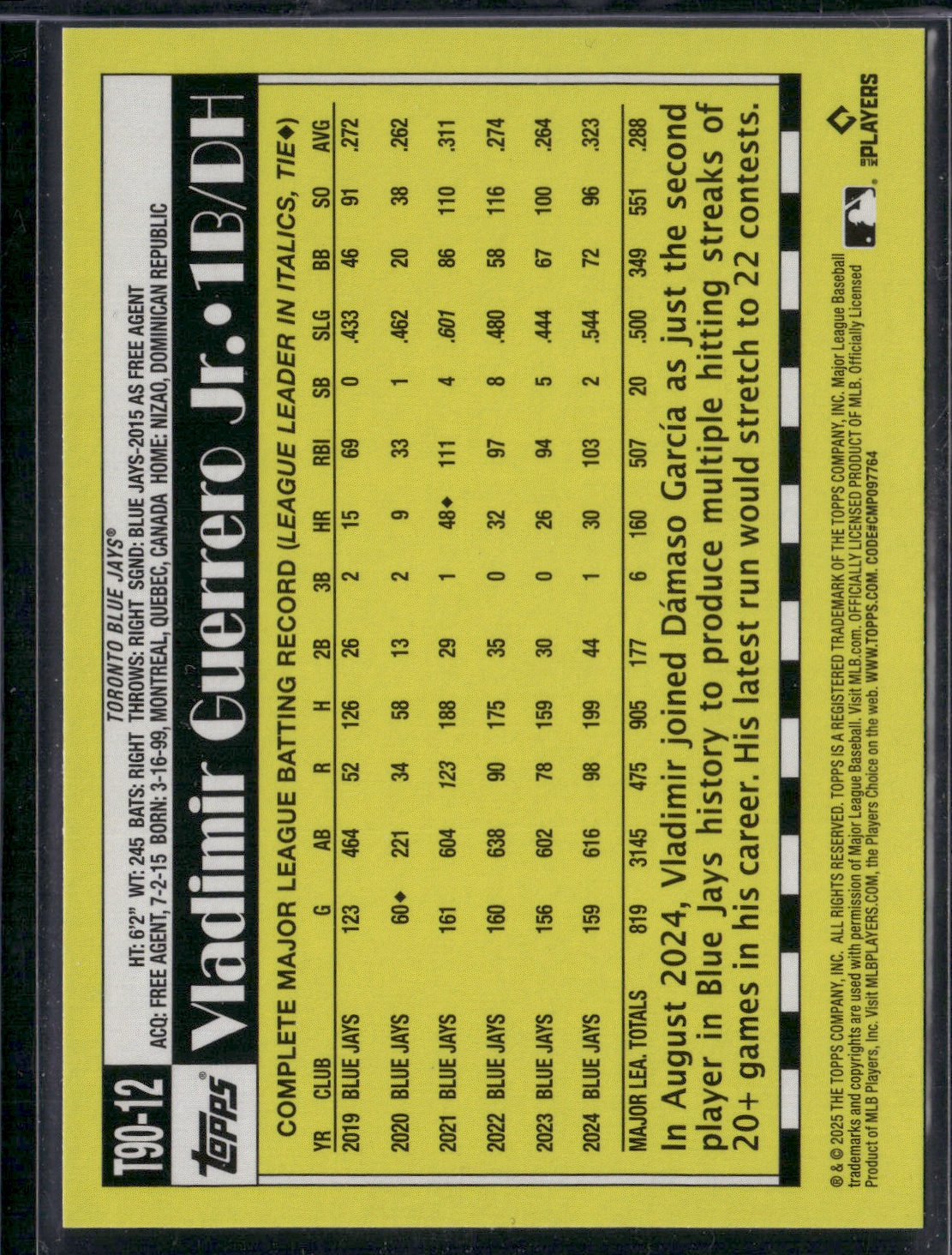 2025 Topps Series 1 VLADIMIR GUERRERO JR #T90-12 1990