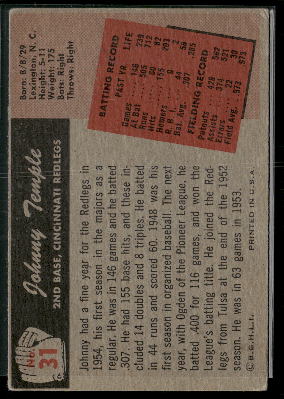 1955 Bowman JOHNNY TEMPLE #31 (VG)