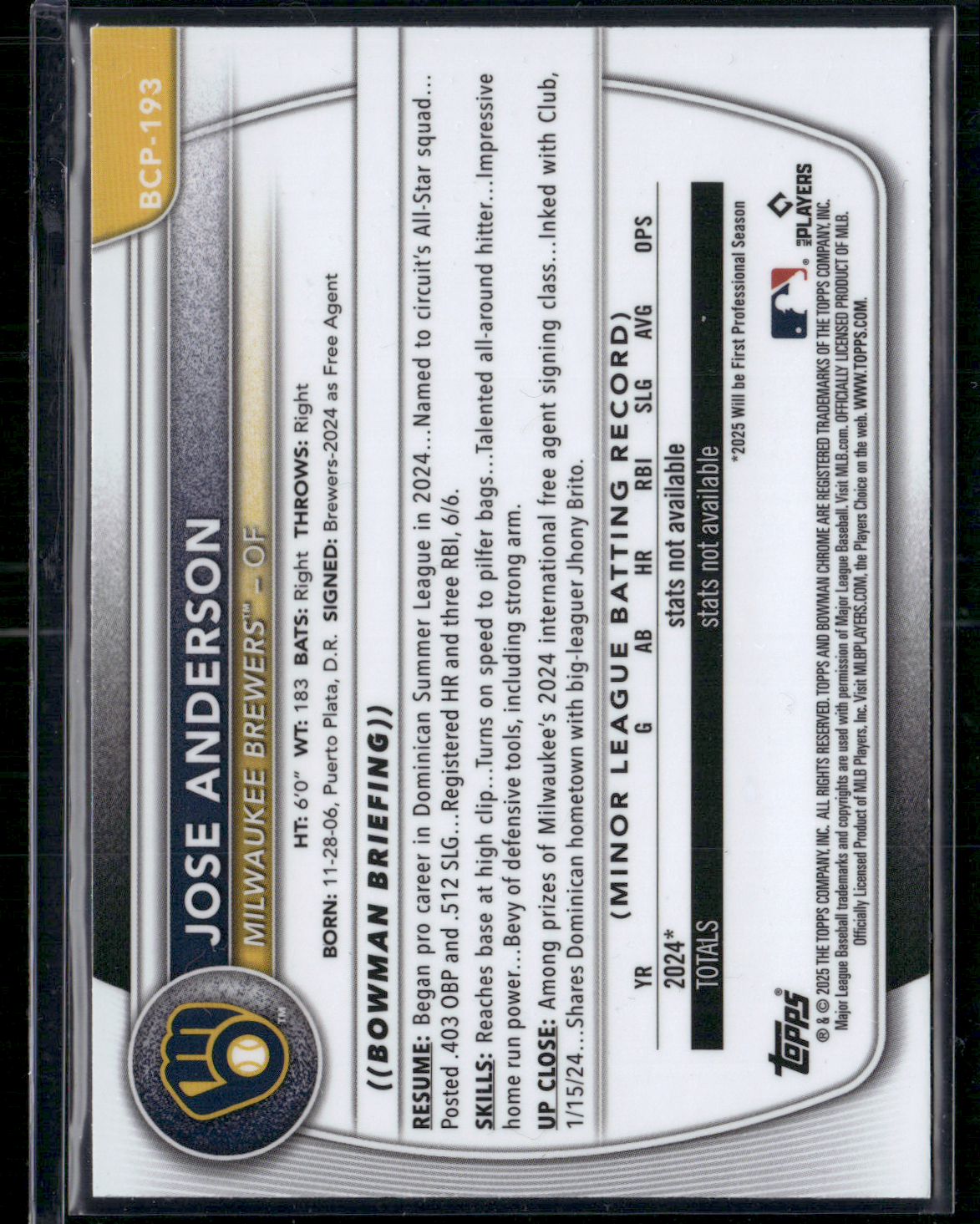 2025 Bowman Chrome JOSE ANDERSON #BCP-193 Mega 1st Bowman
