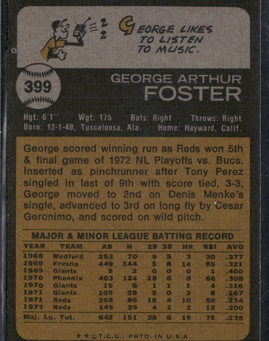 1973 Topps GEORGE FOSTER #399 (EX)