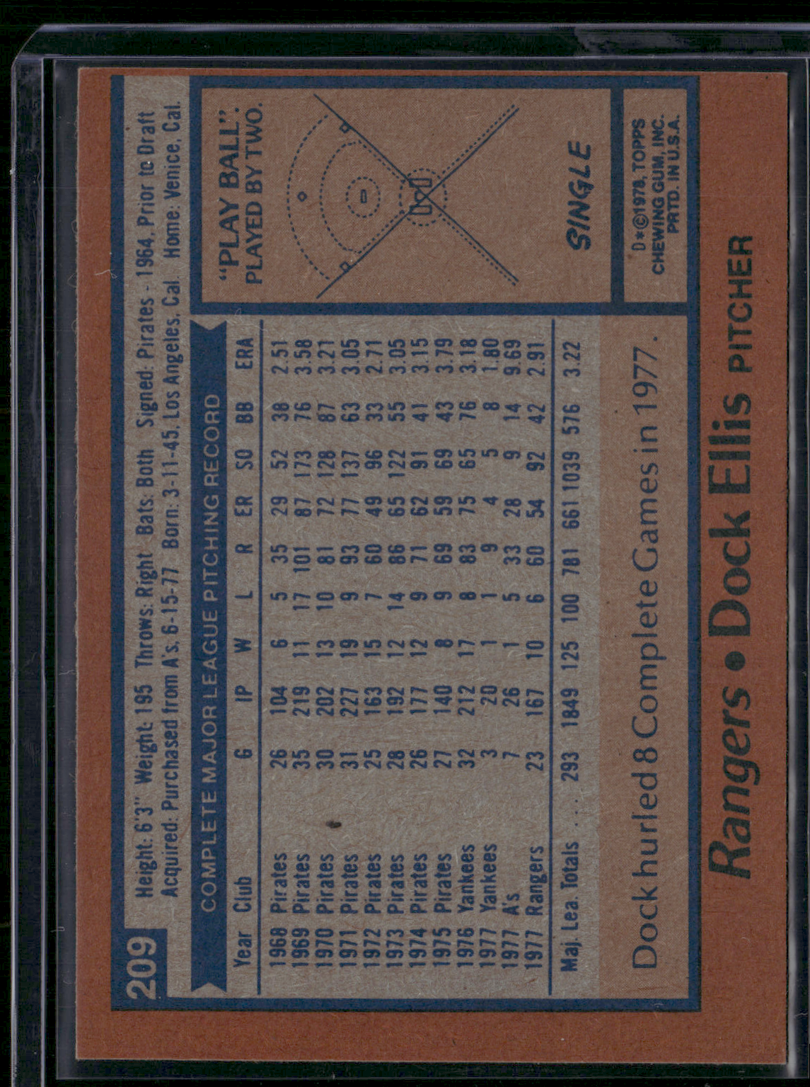 1978 Topps DOCK ELLIS #209 (EX-EX/MT)