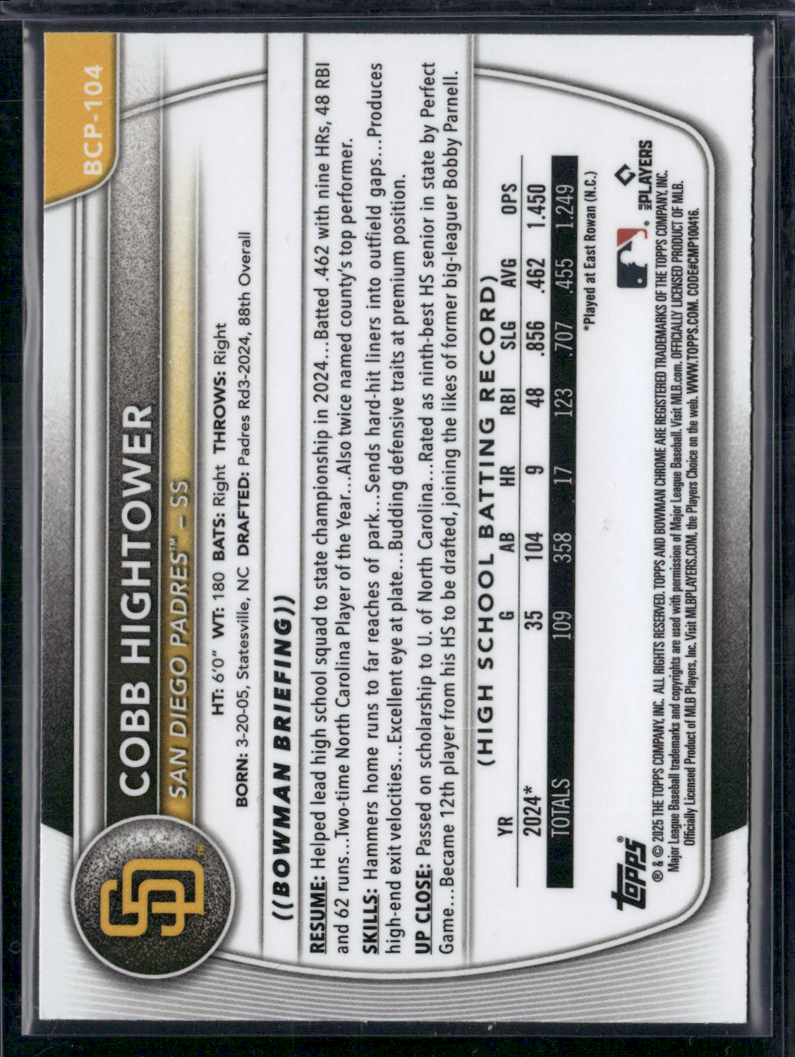 2025 Bowman COBB HIGHTOWER #BCP-104 1st Bowman Chrome