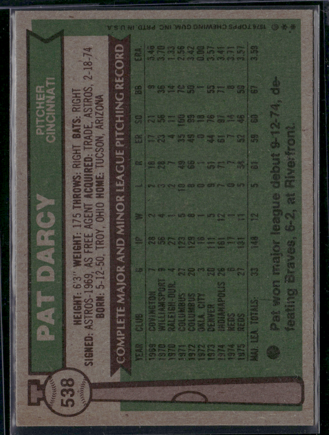 1976 Topps PAT DARCY #538 (VG)