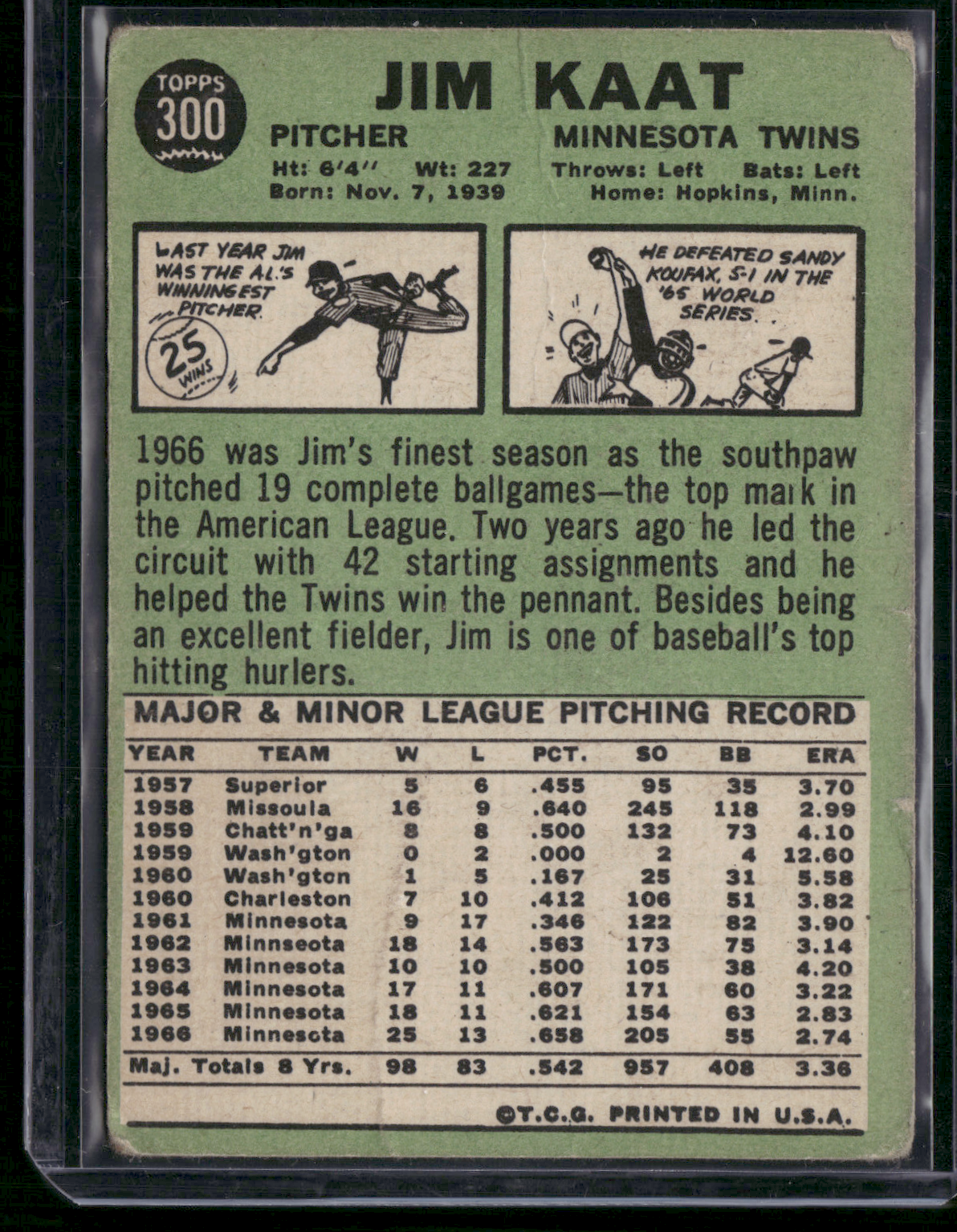 1967 Topps JIM KAAT #300 Toning Wrinkles (VG)