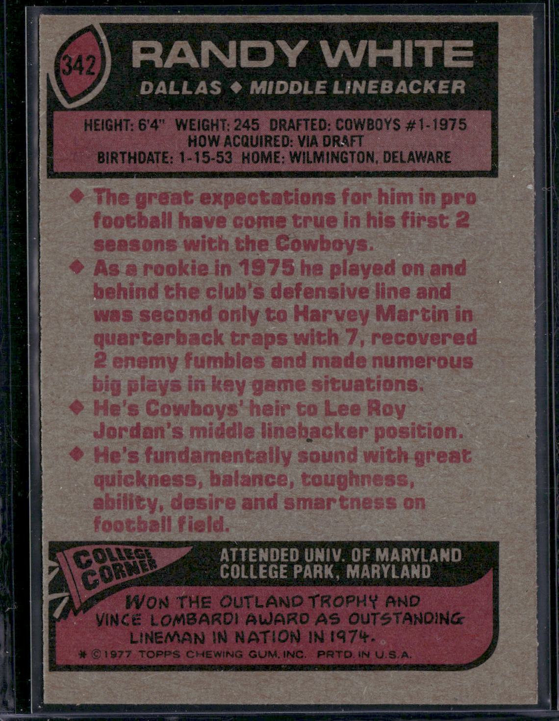 1977 Topps RANDY WHITE #342 Print Snow (EX)