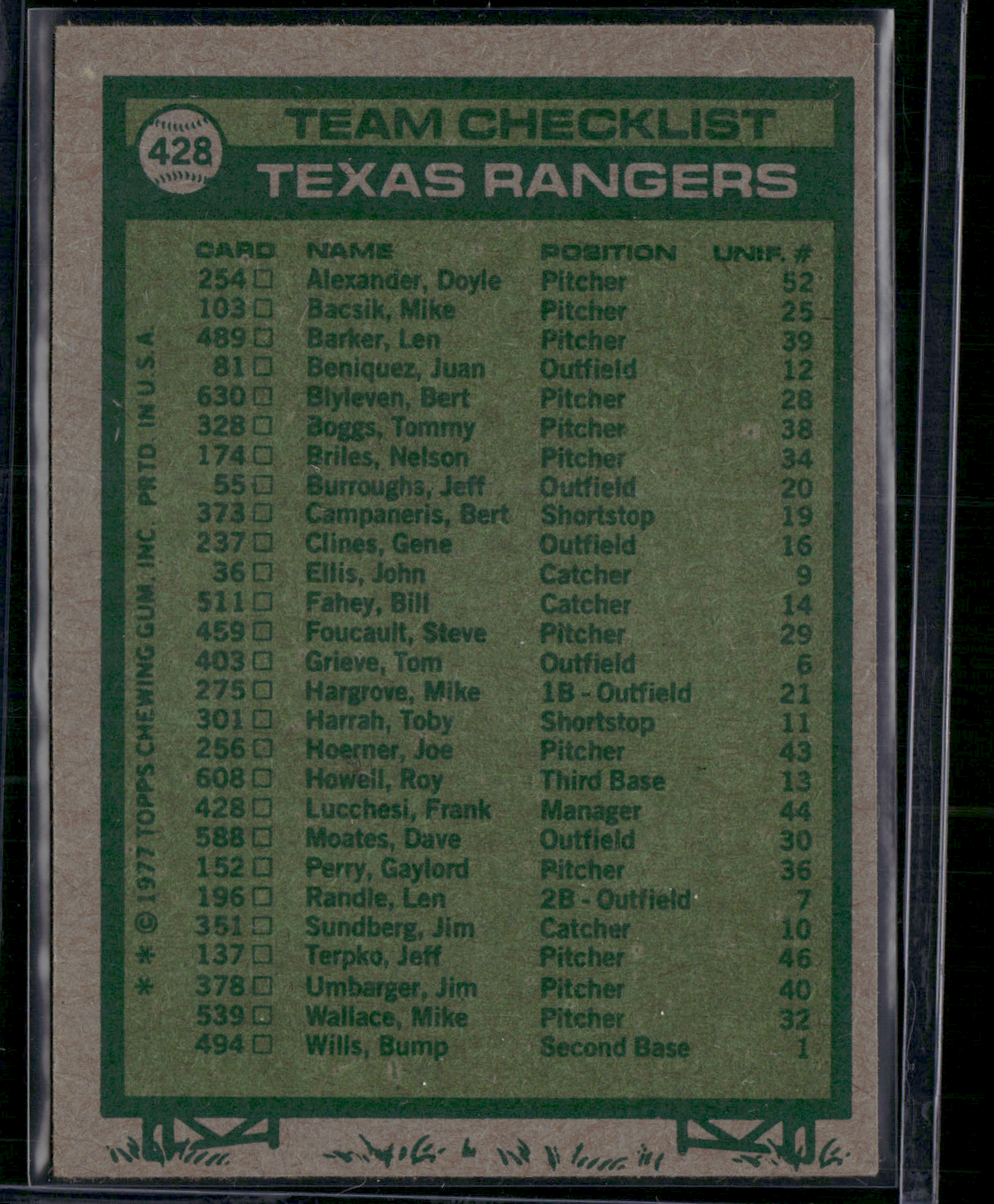 1977 Topps TEXAS RANGERS #428 Light Print Snow (EX)