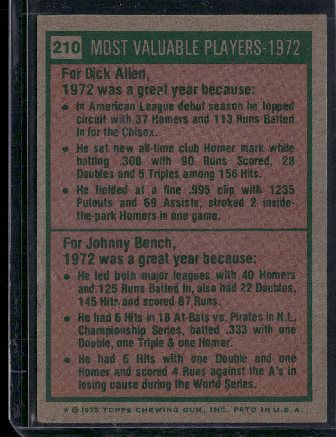 1975 Topps JOHNNY BENCH/RICH ALLEN #210 1972 MVP'S Surface Dents (VG)