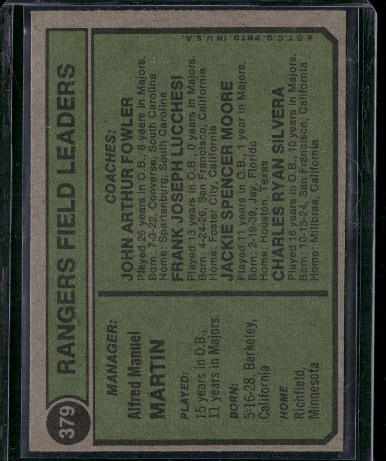 1974 Topps BILLY MARTIN #379 (EX)