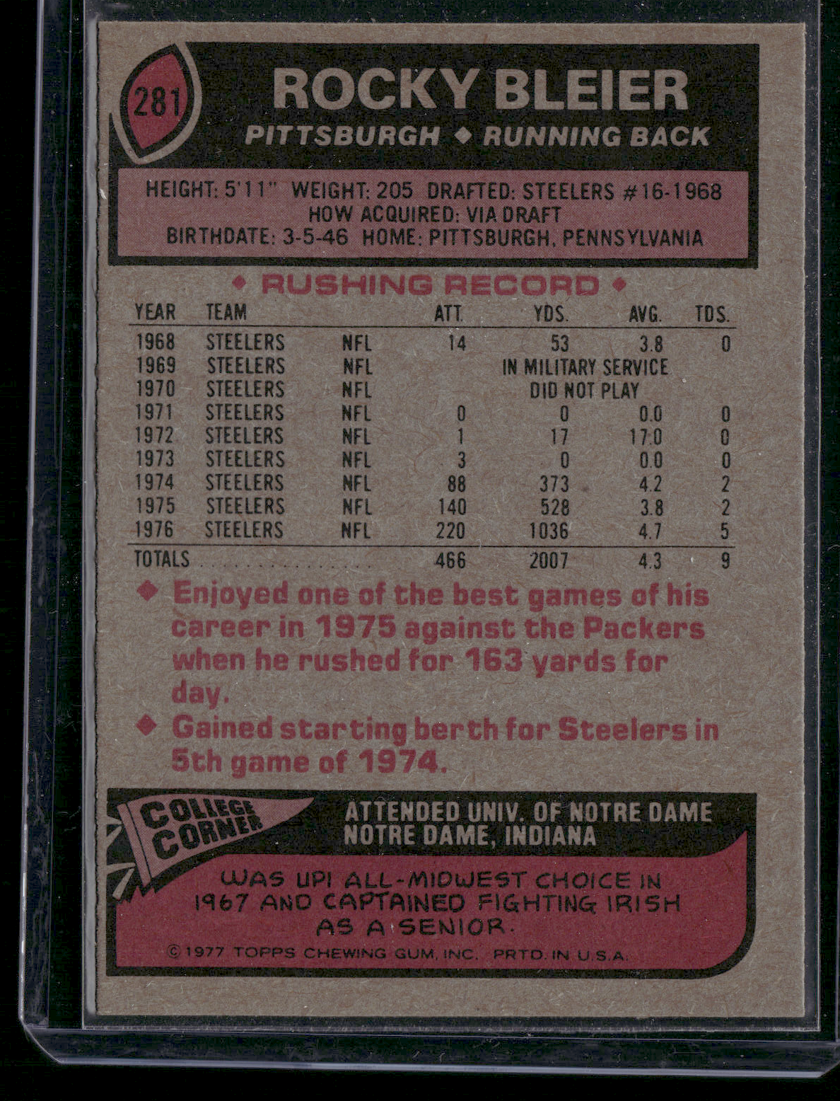 1977 Topps ROCKY BLEIER #281 (EX)