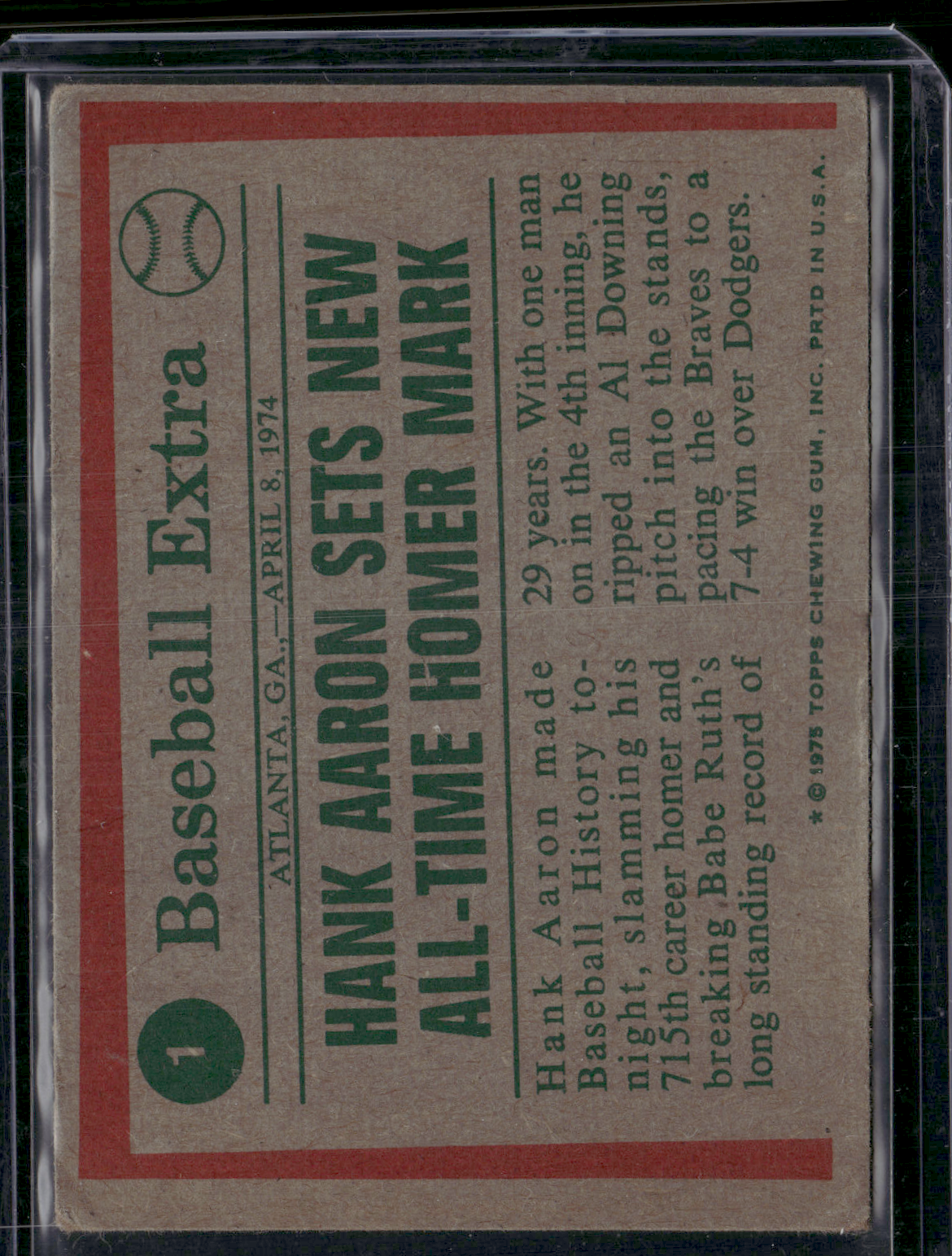 1975 Topps HANK AARON #1 74 Highlights (VG)