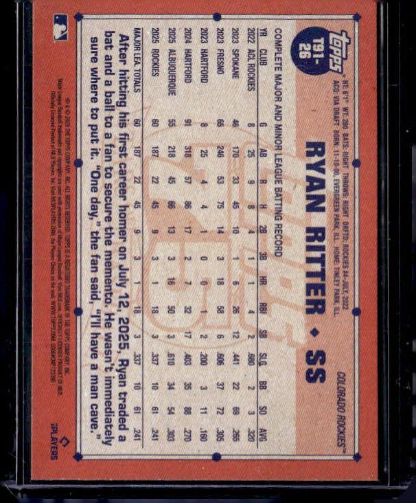 2026 Topps Series 1 RYAN RITTER #T91-26 1991 Topps Rookie RC