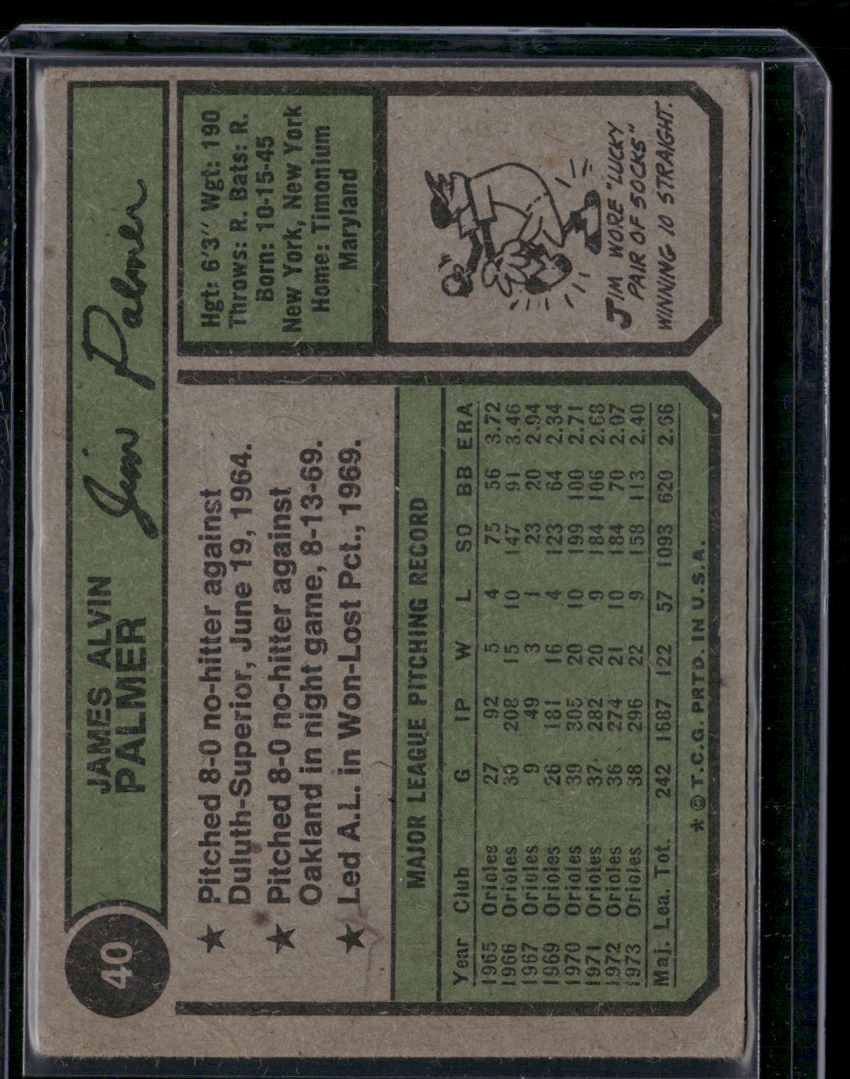 1974 Topps JIM PALMER #40 Light Wrinkle (VG)