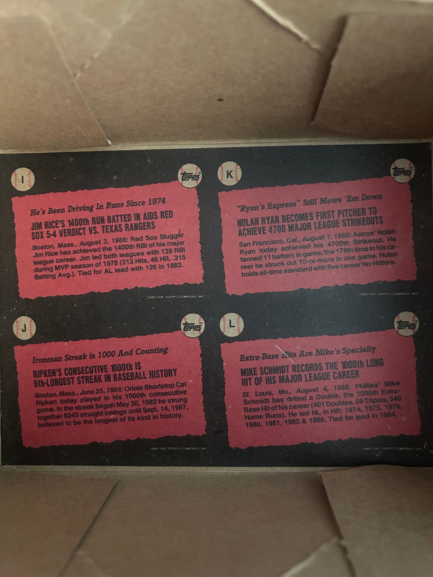 1989 Topps UNCUT 4-CARDS Nolan Ryan/Schmidt/Ripken/Rice Bottom of Hobby Box(EX)