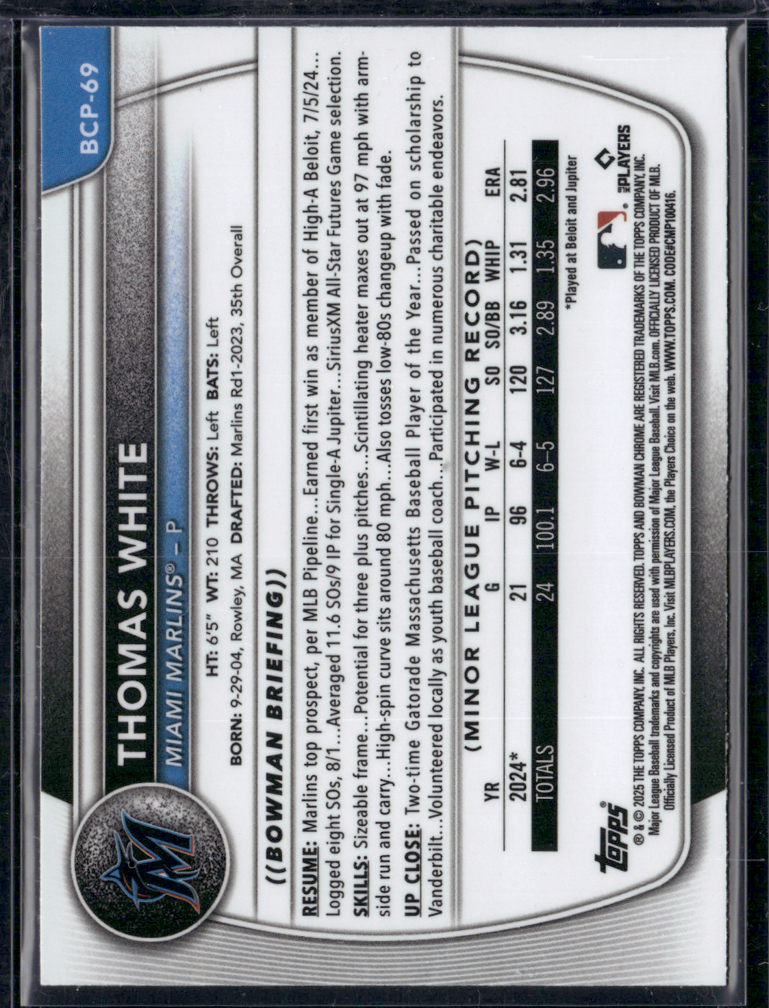 2025 Bowman THOMAS WHITE #BCP-69 1st Bowman Chrome