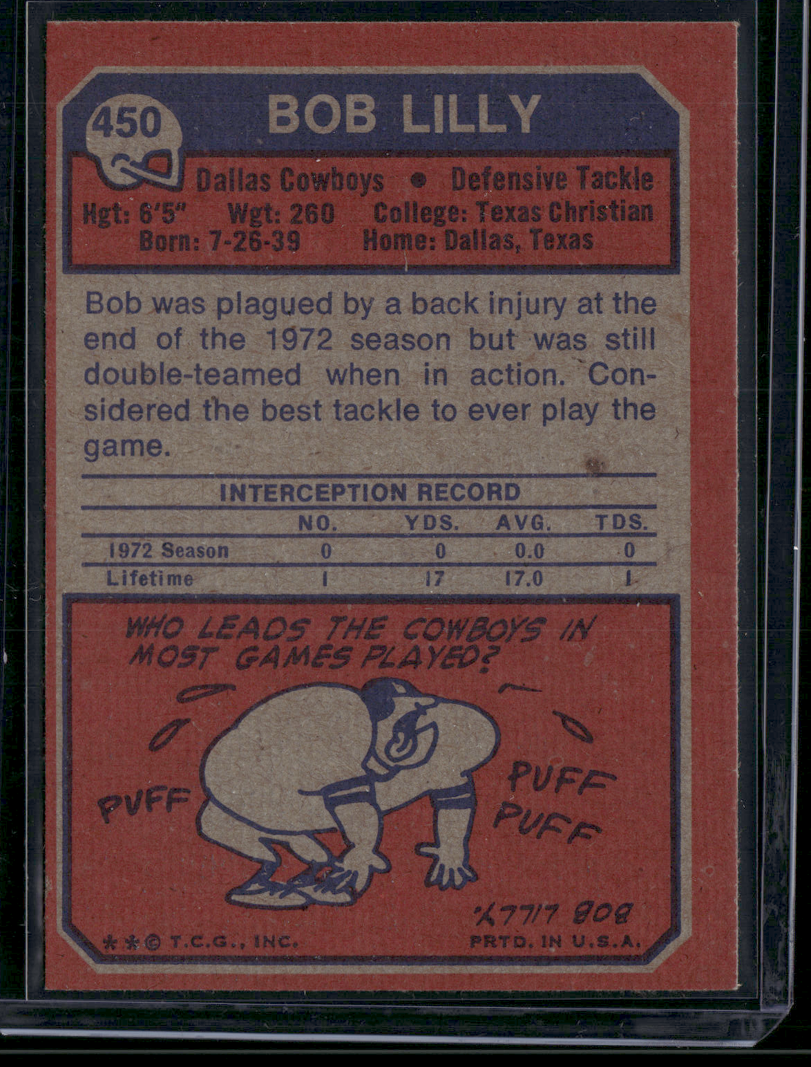 1973 Topps BOB LILLY #450 Print Snow (EX)