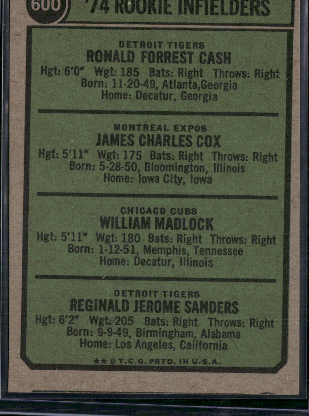 1974 Topps RON CASH/COX/MADLOCK/SANDERS #600 1974 Rookie Infielders (EX-EX/MT)