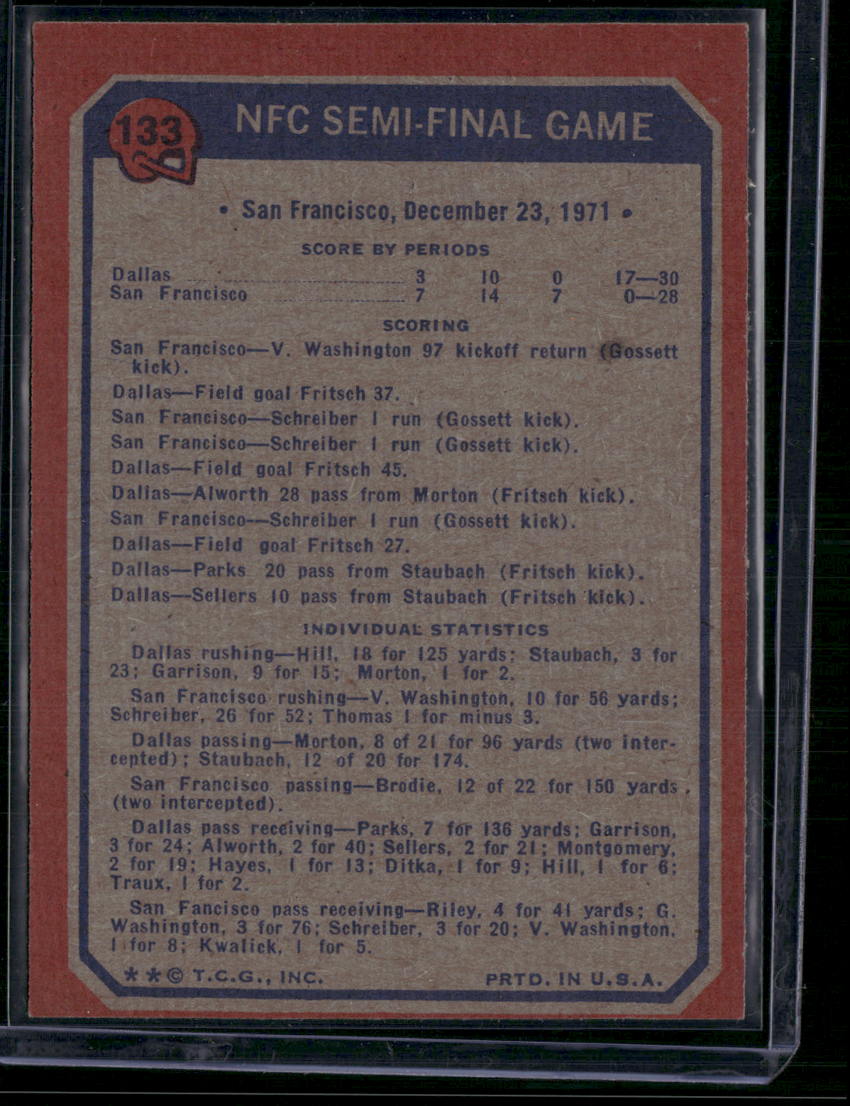 1973 Topps NFC SEMI-FINAL GAME #133 Cowboys-49ers (EX/MT)