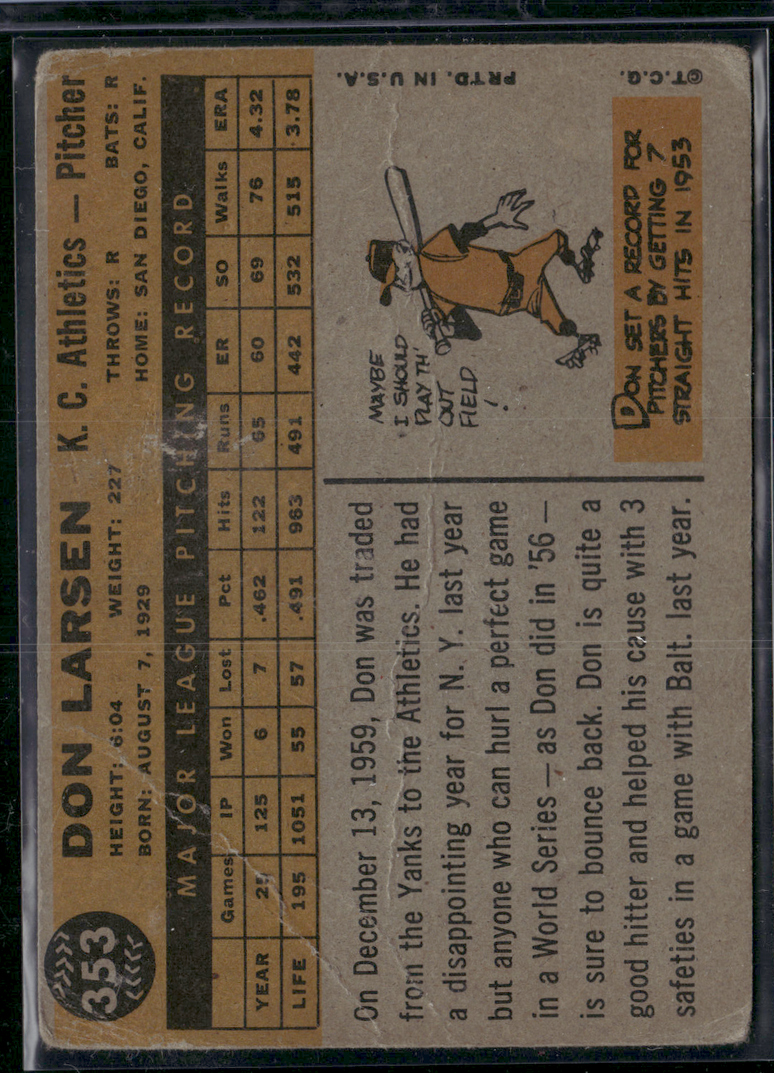 1960 Topps DON LARSEN #353 Wrinkles (Good)