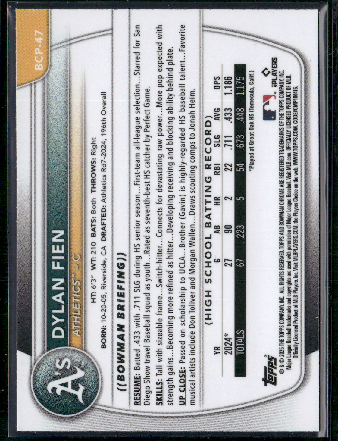 2025 Bowman DYLAN FIEN #BCP-47 1st Bowman Chrome