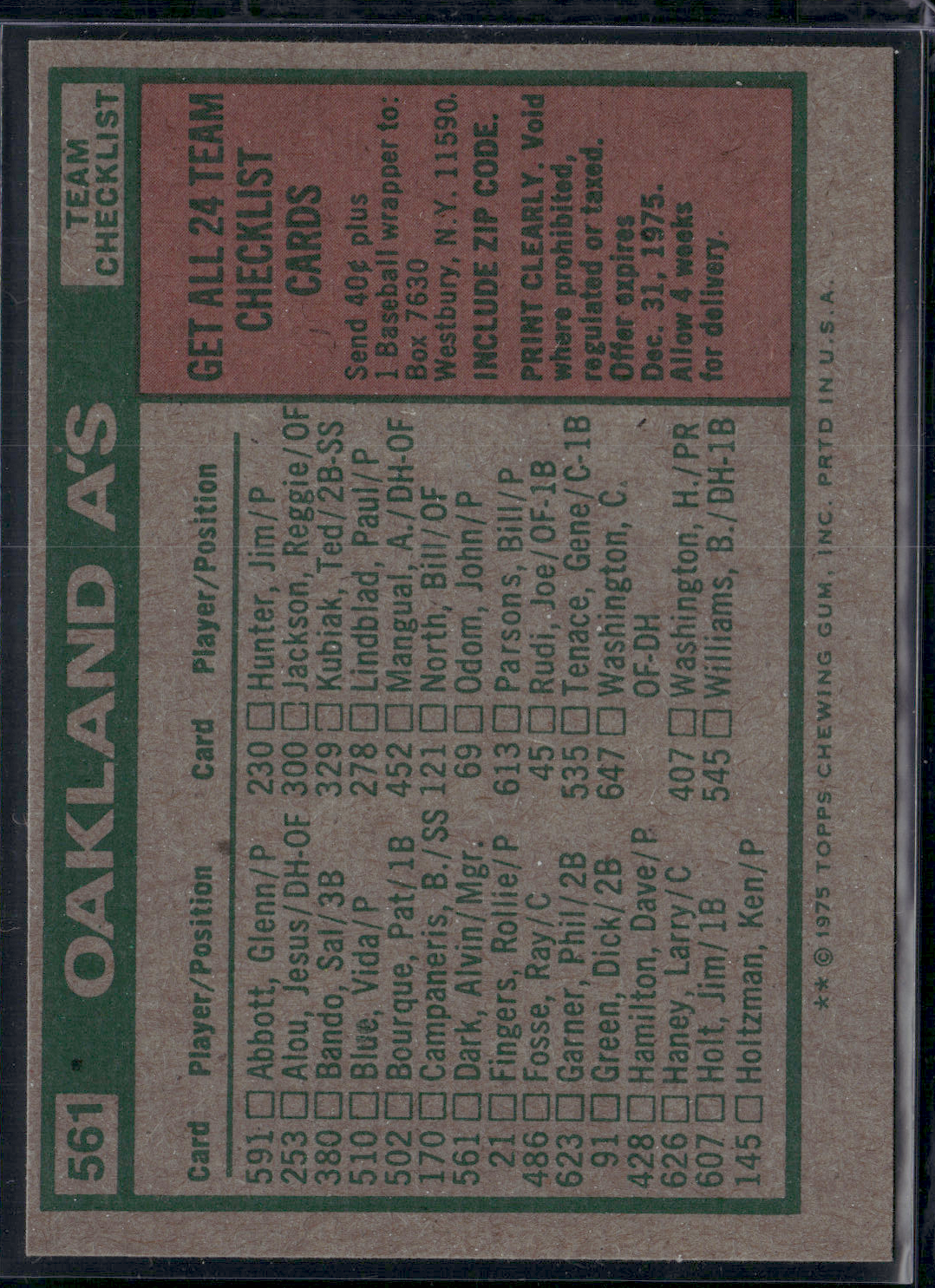 1975 Topps OAKLAND A'S #561 Grain Raise (EX)