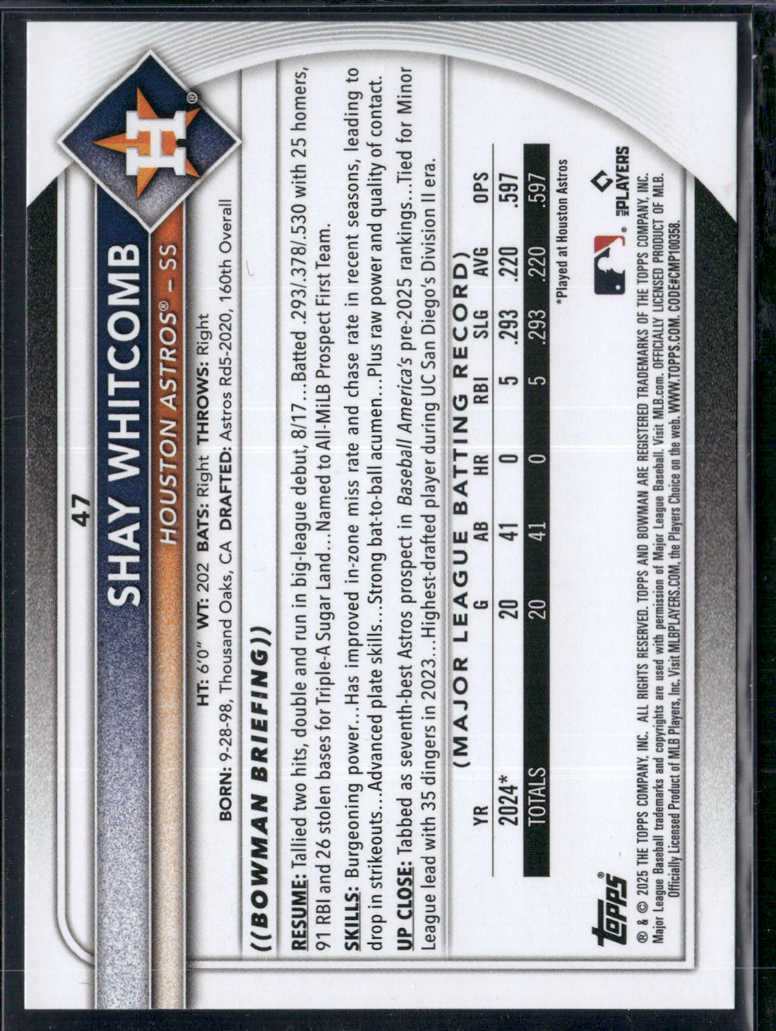 2025 Bowman SHAY WHITCOMB Rookie Card RC #47