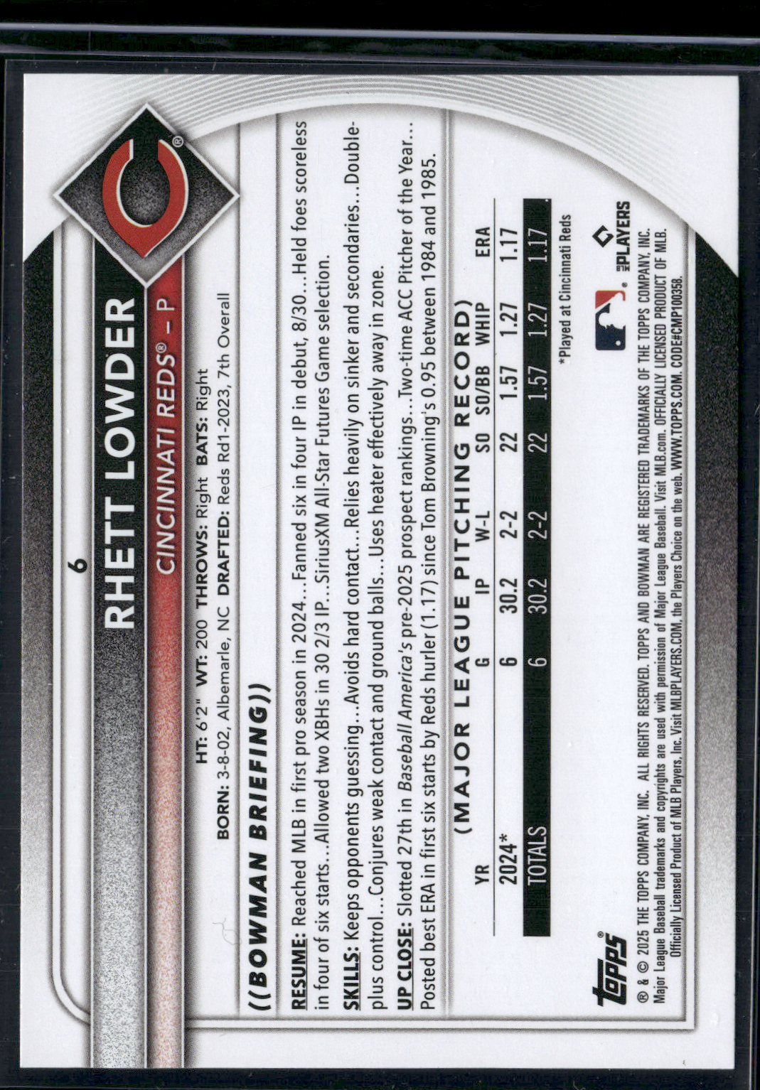 2025 Bowman RHETT LOWDER Rookie Card RC #6