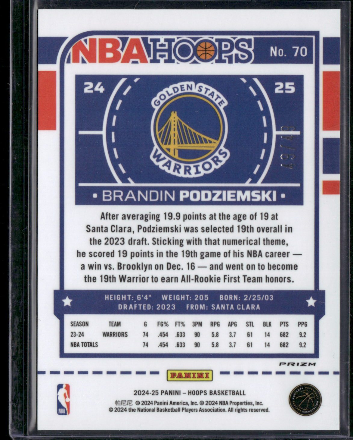 2024 NBA Hoops BRANDIN PODZIEMSKI #70 Scope Red 49/49 (NM)