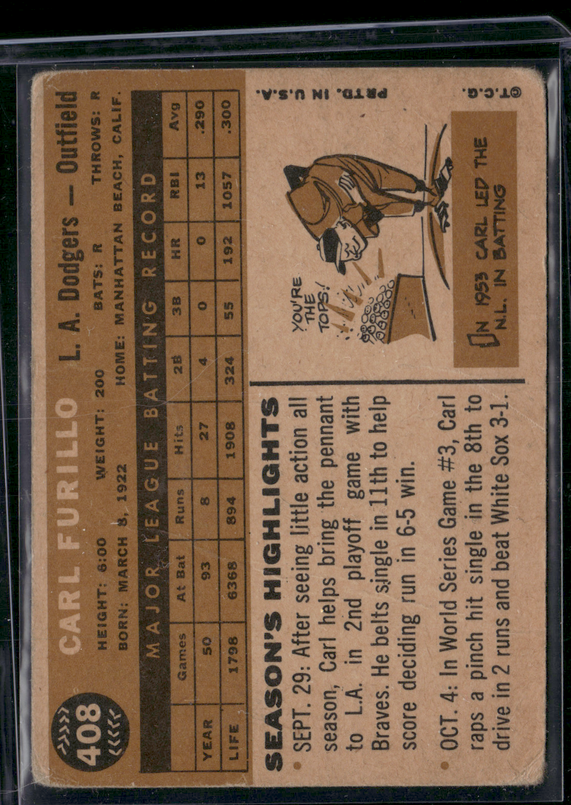 1960 Topps CARL FURILLO #408 Scratches Wrinkles (Good-VG)