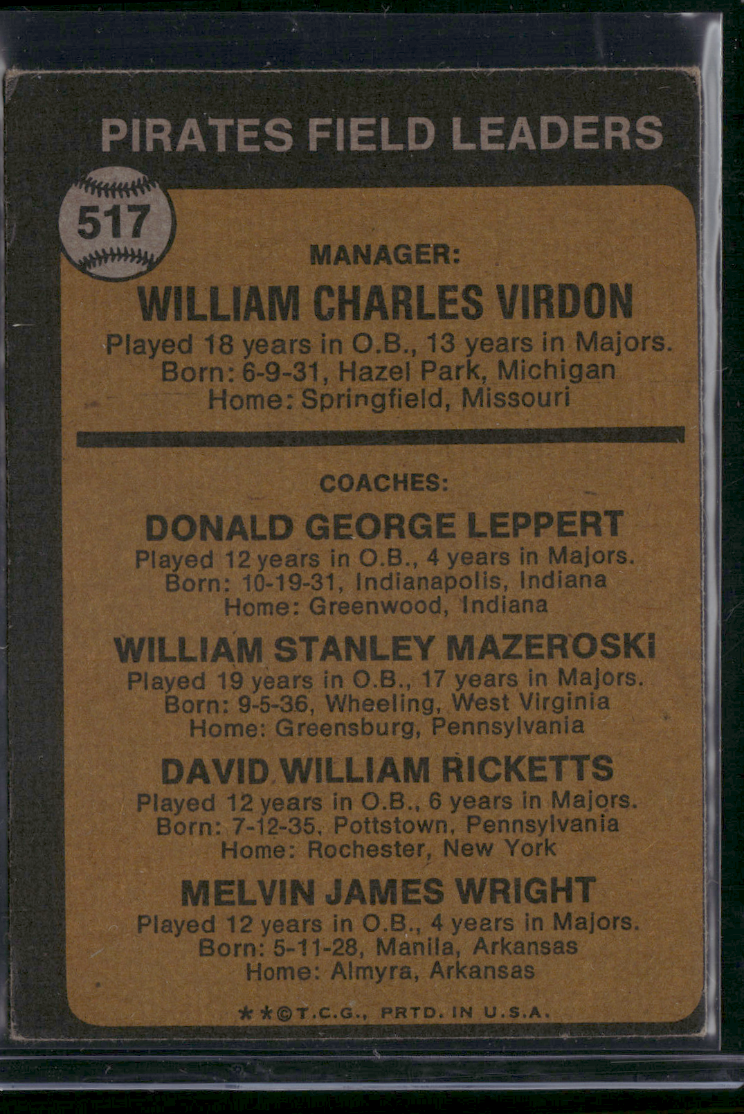 1973 Topps BILL VIRDON #517 (VG)