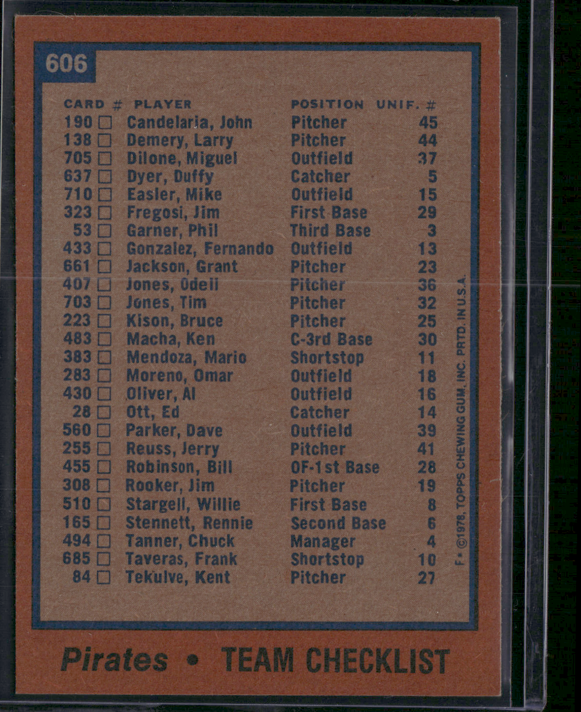 1978 Topps PITTSBURGH PIRATES #606 Miscut (EX)