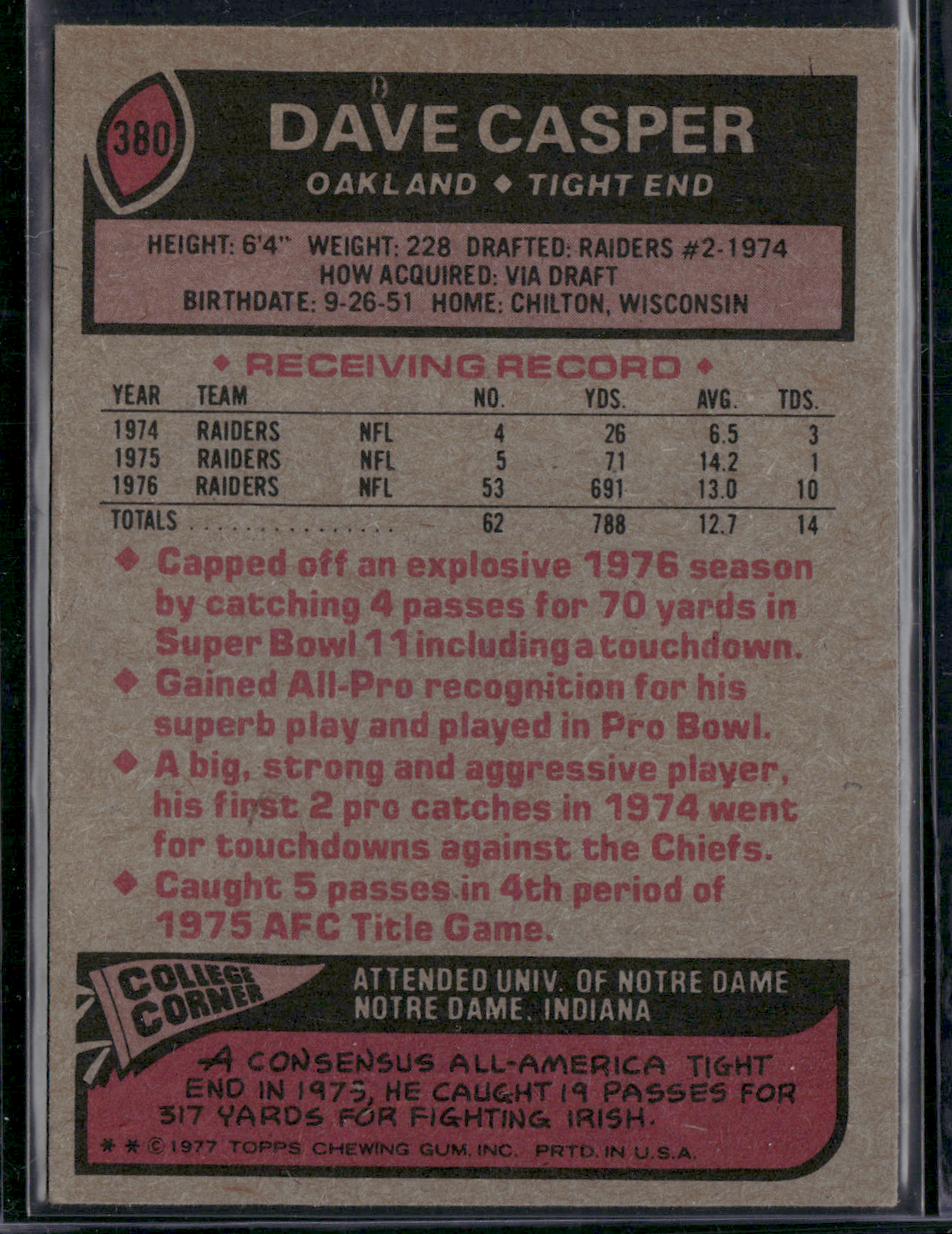 1977 Topps DAVE CASPER #380 (EX-EX/MT)