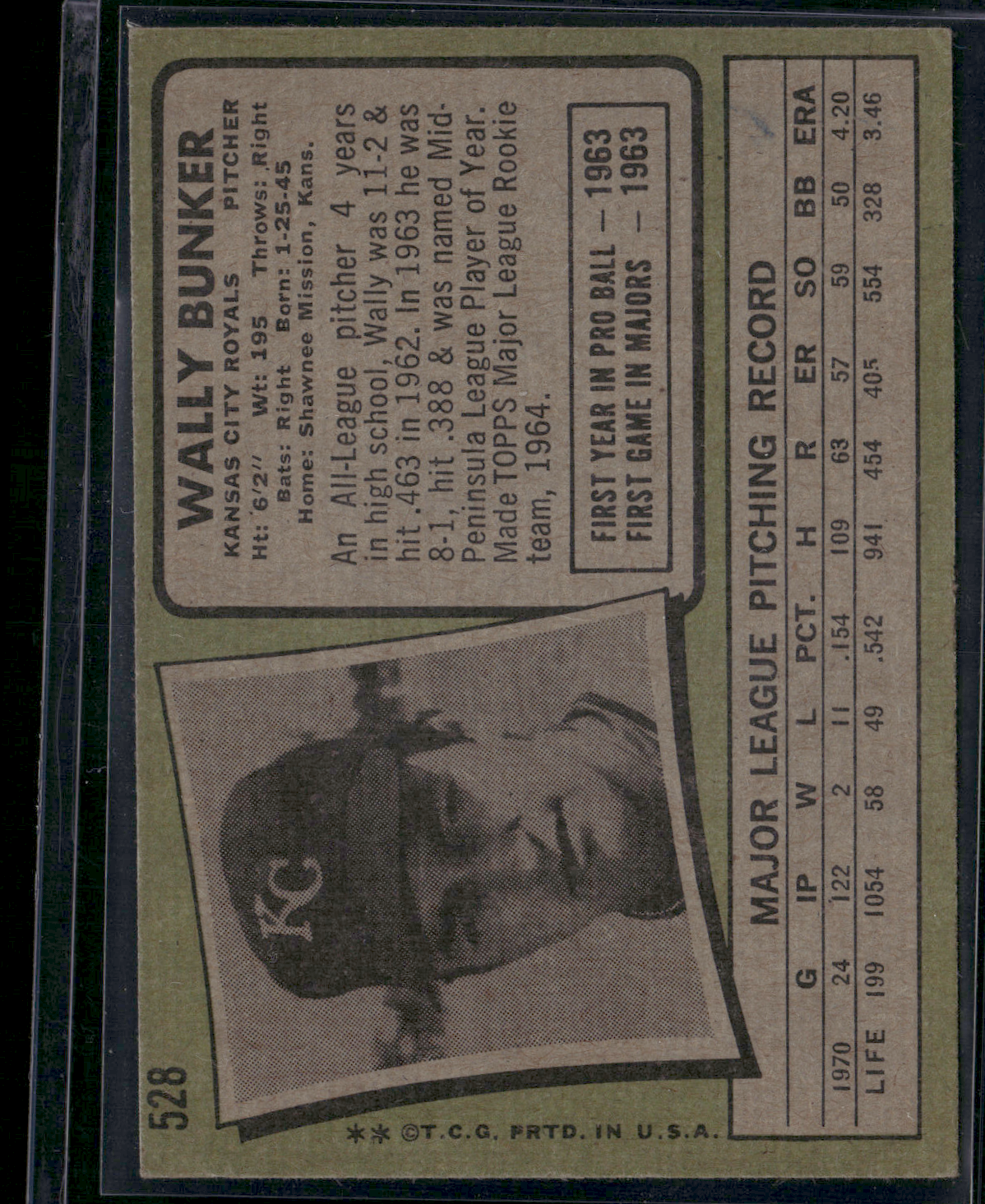 1971 Topps WALLY BUNKER #528 (VG)
