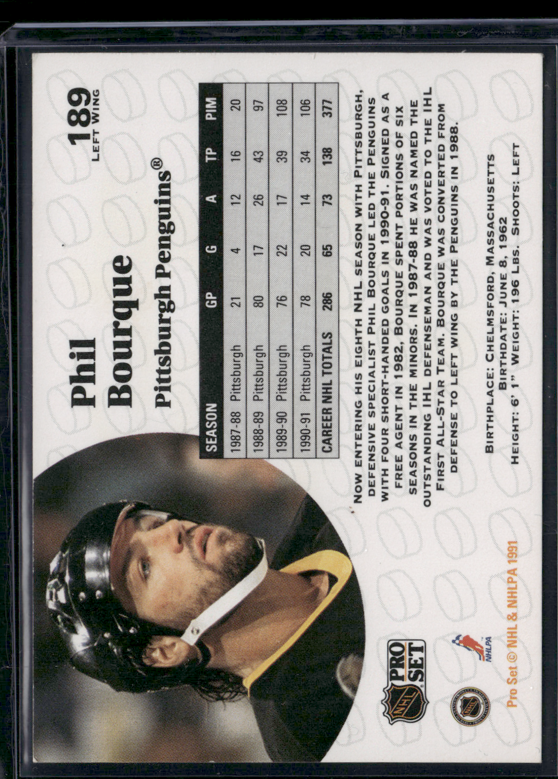 1991 Pro Set PHIL BOURQUE #189 Autographed Not Authenticated (EX)