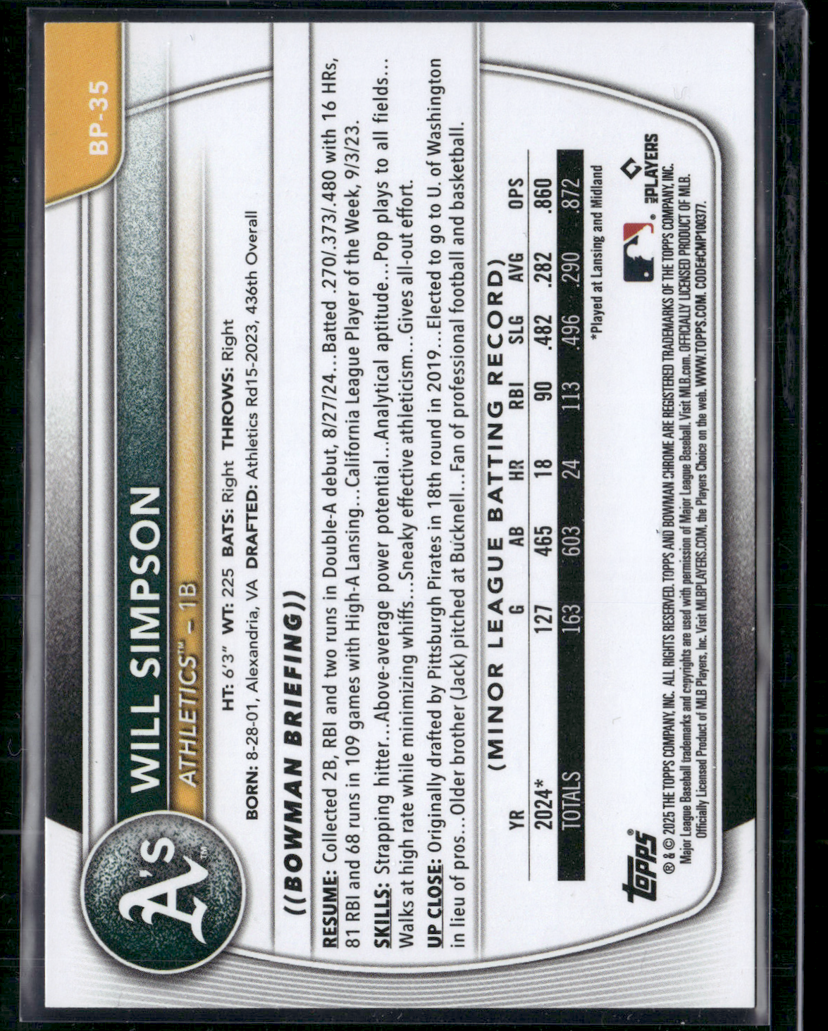 2025 Bowman WILL SIMPSON #BP-35 1st Bowman