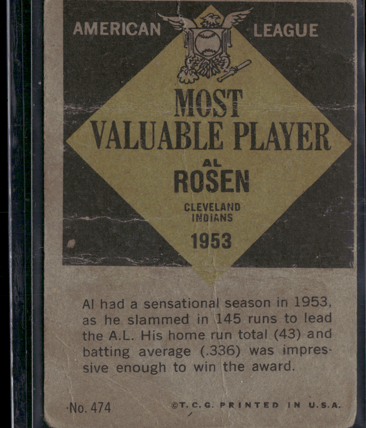 1961 Topps AL ROSEN #474 MVP 1953 (Fair)