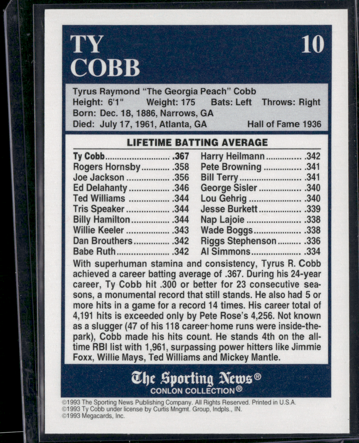 1993 Conlon Collection TY COBB #10 In Color (EX)