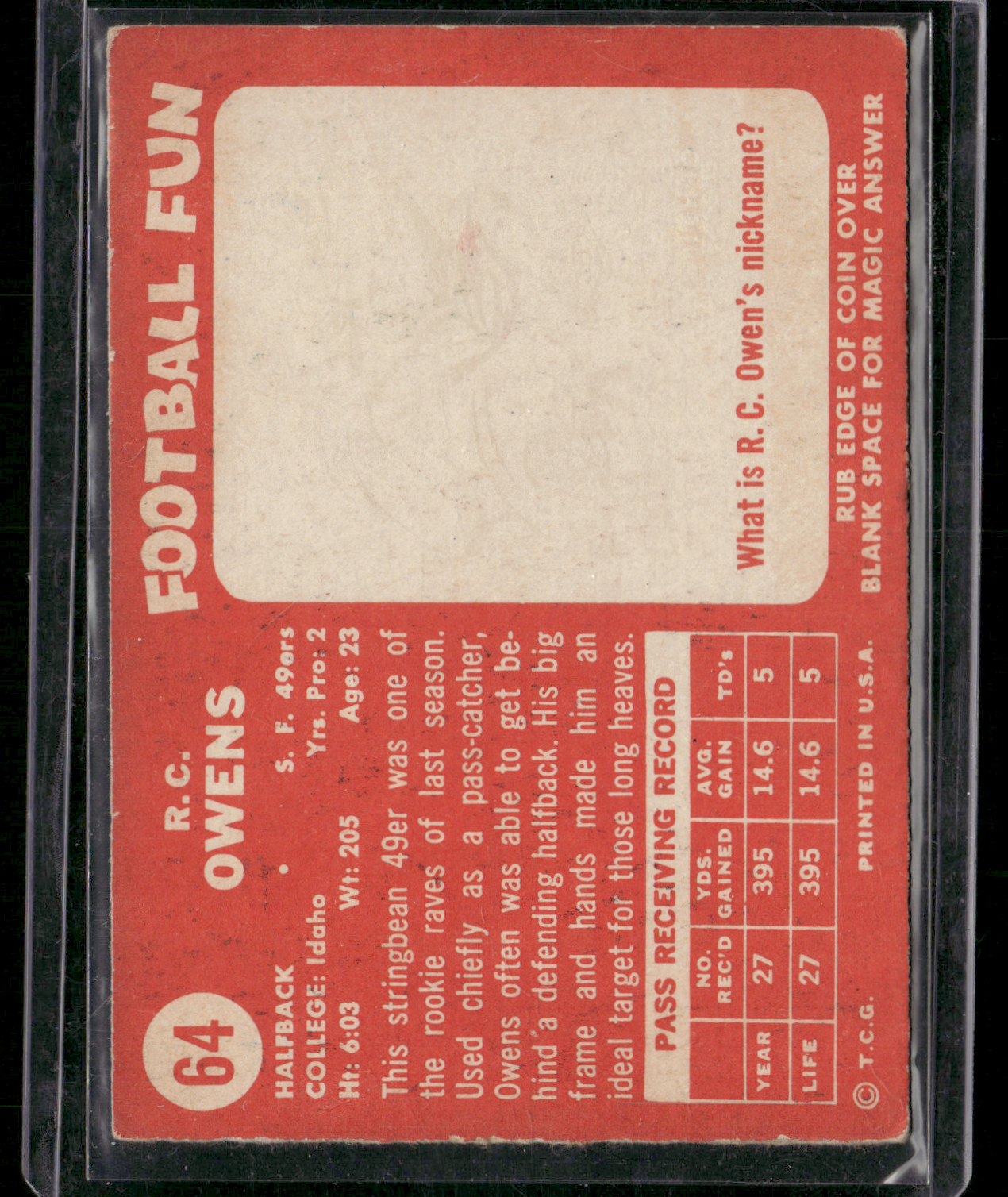 1958 Topps R.C. OWENS #64 Light Color Loss (VG)
