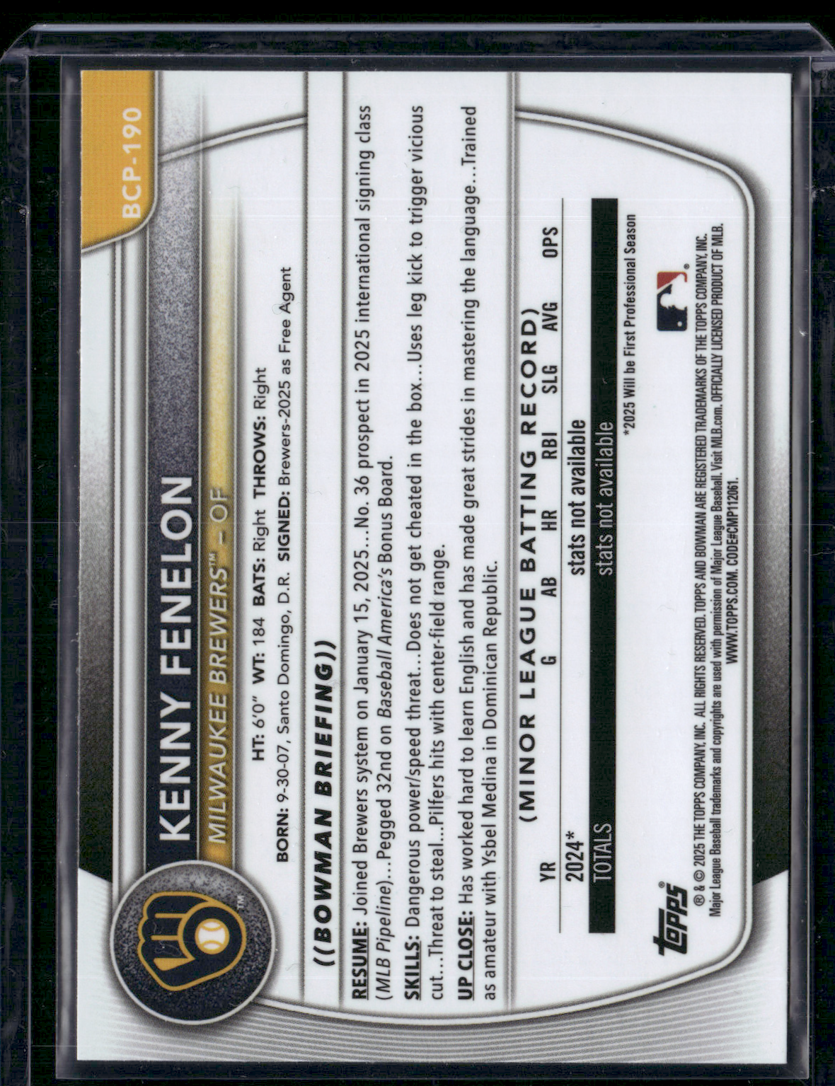 2025 Bowman Chrome KENNY FENELON #BCP-190 Chrome 1st Bowman