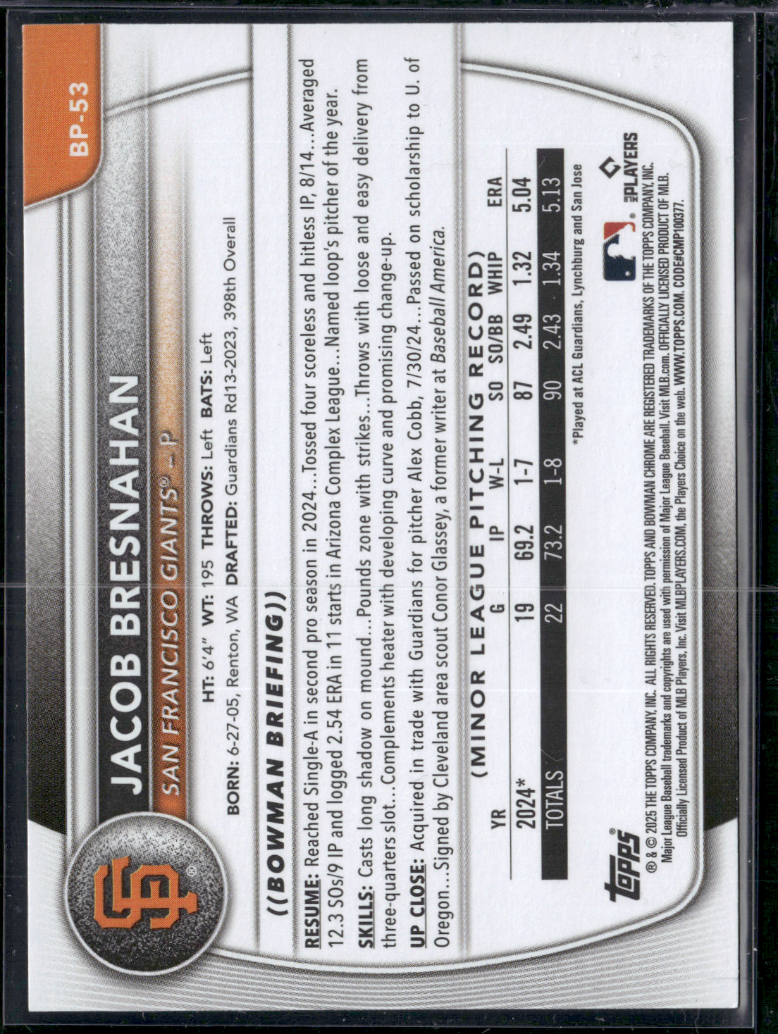 2025 Bowman JACOB BRESNAHAN #BP-53 1st Bowman