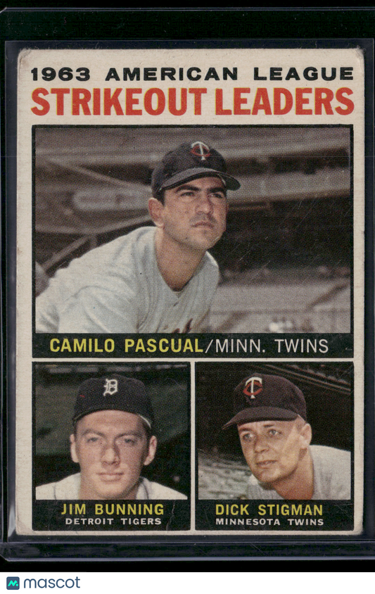 1964 Topps JIM BUNNING/PASCUAL/STIGMAN #6 1963 AL Strikeout Leaders  (Good)