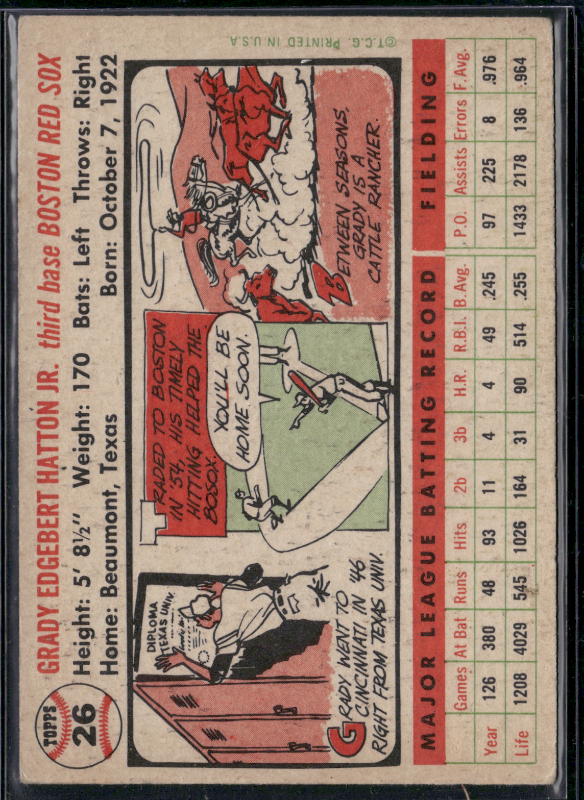 1956 Topps GRADY HATTON #26 Light warp