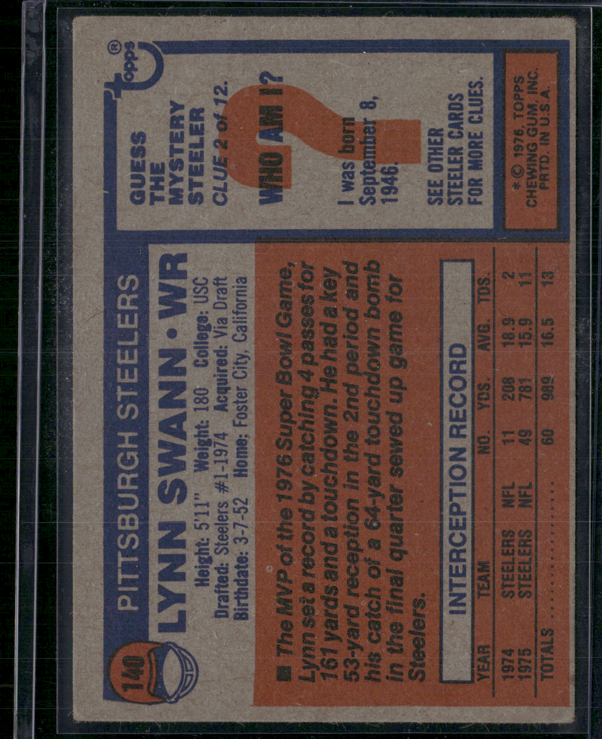 1976 Topps LYNN SWANN #140 Wrinkles (VG-VG/EX)