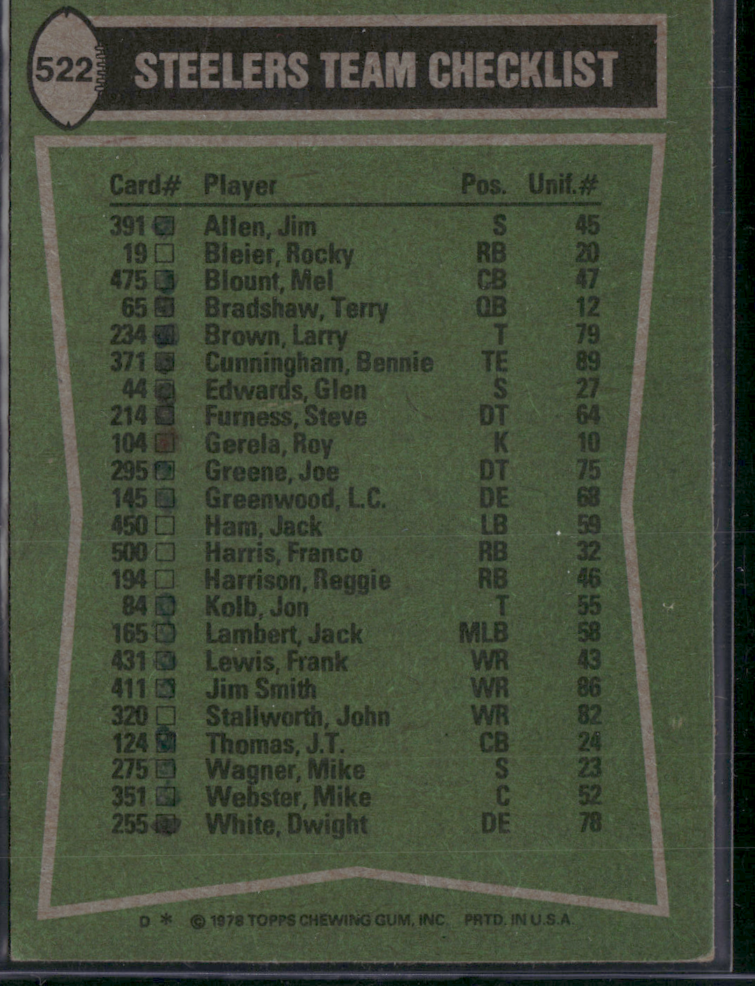 1978 Topps STEELER TEAM LEADERS - FRANCO HARRIS #522 Ink on Back (EX)