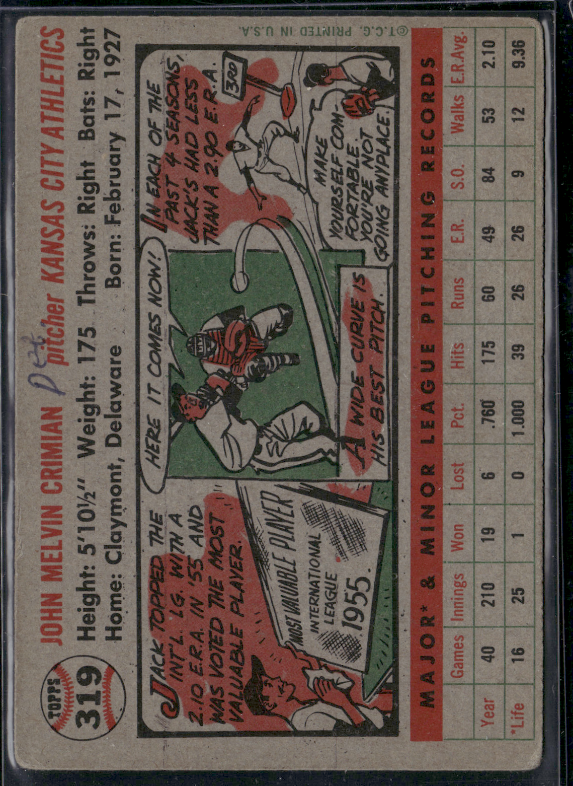 1956 Topps JACK CRIMIAN #319 Ink on Back